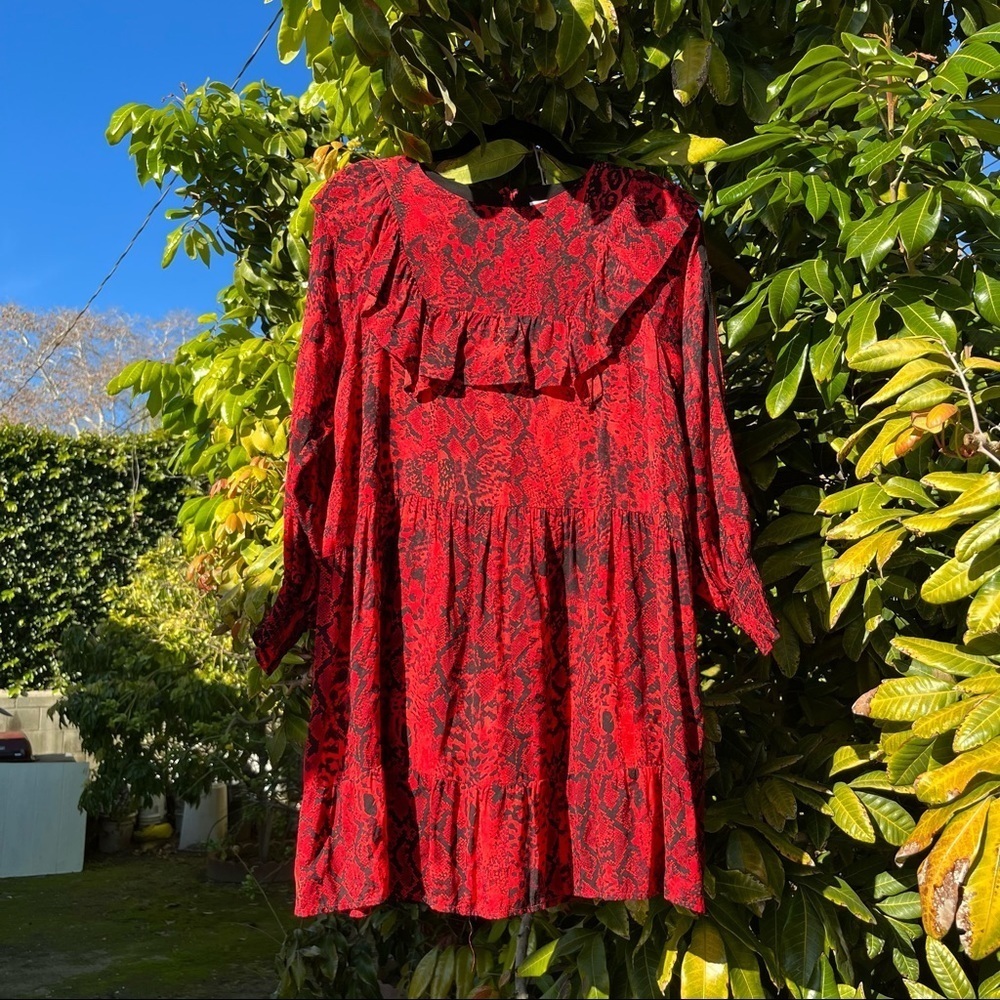 Ba&sh red python snake animal print ruffle long sleeve mini dress